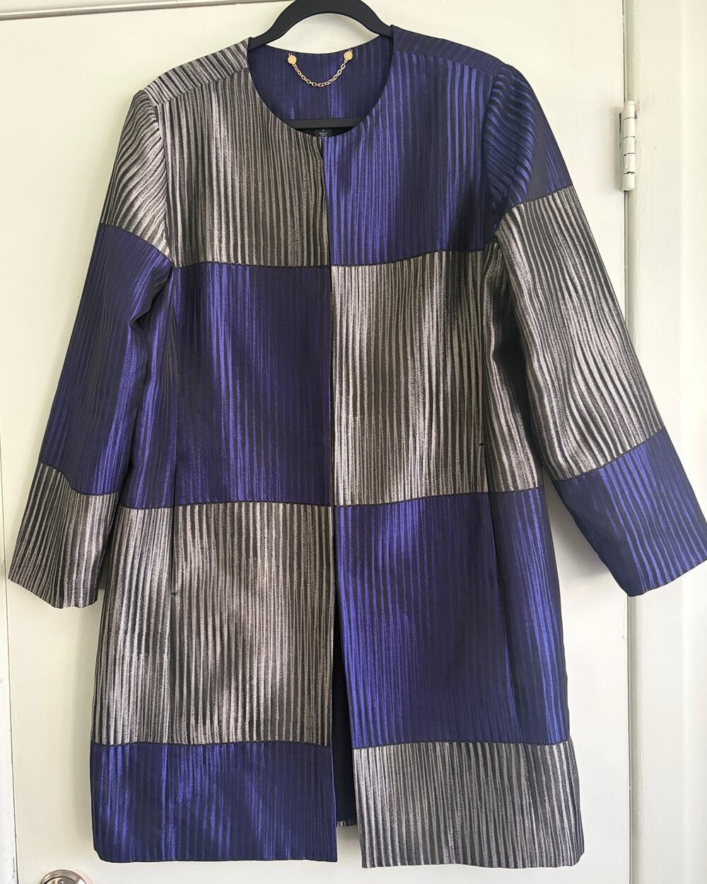 NWT Chico's Black Label Metallic Patchwork Long Open Jacket Plissé Coat 2 L 12